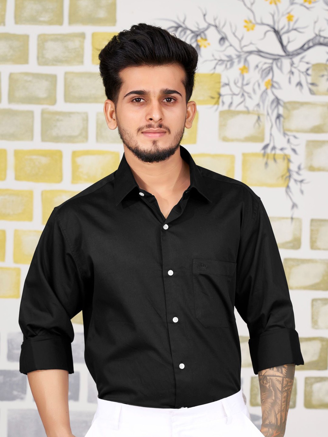 

FRENCH CROWN Standard Casual Cotton Shirt, Black