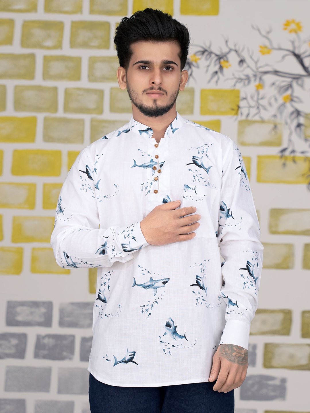 

FRENCH CROWN Printed Linen Regular Fit Casual Shirt, White