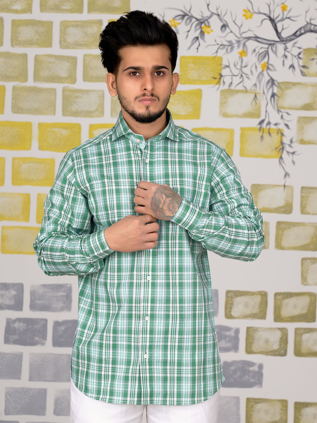 

FRENCH CROWN Standard Tartan Checks Plaid Premium Cotton Casual Shirt, Green