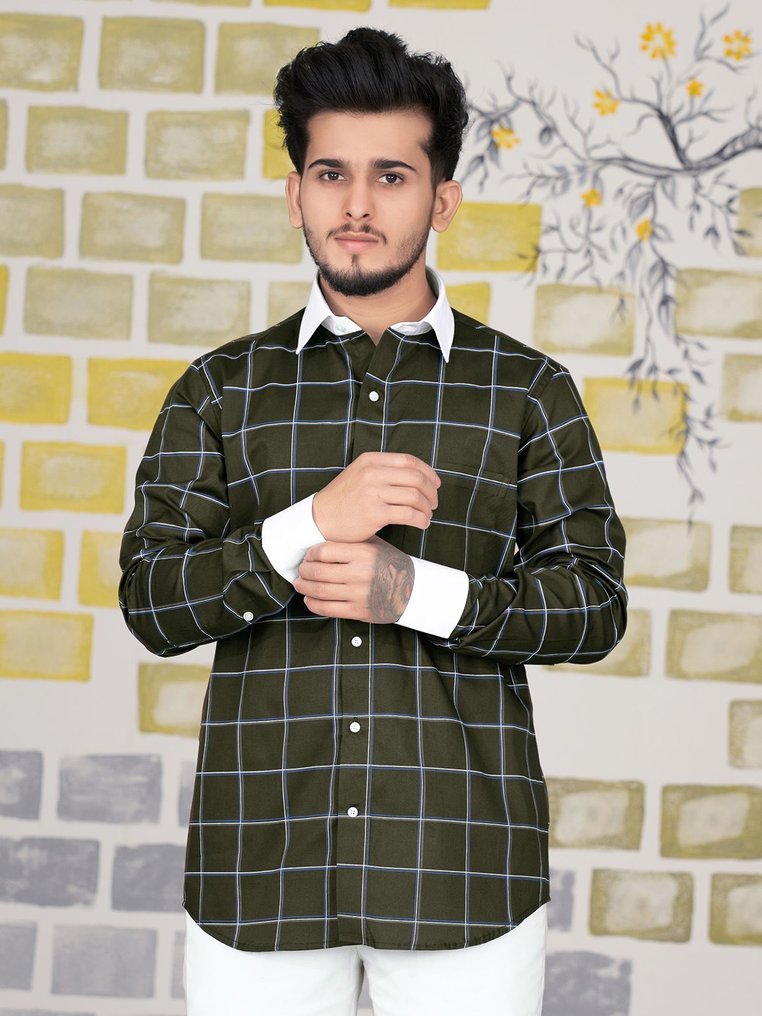 

FRENCH CROWN Standard Windowpane Checked Cutaway Collar Cotton Casual Shirt, Green