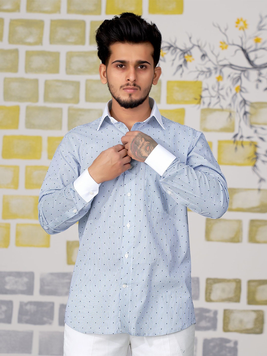 

FRENCH CROWN Standard Pinstriped Casual Cotton Shirt, Blue