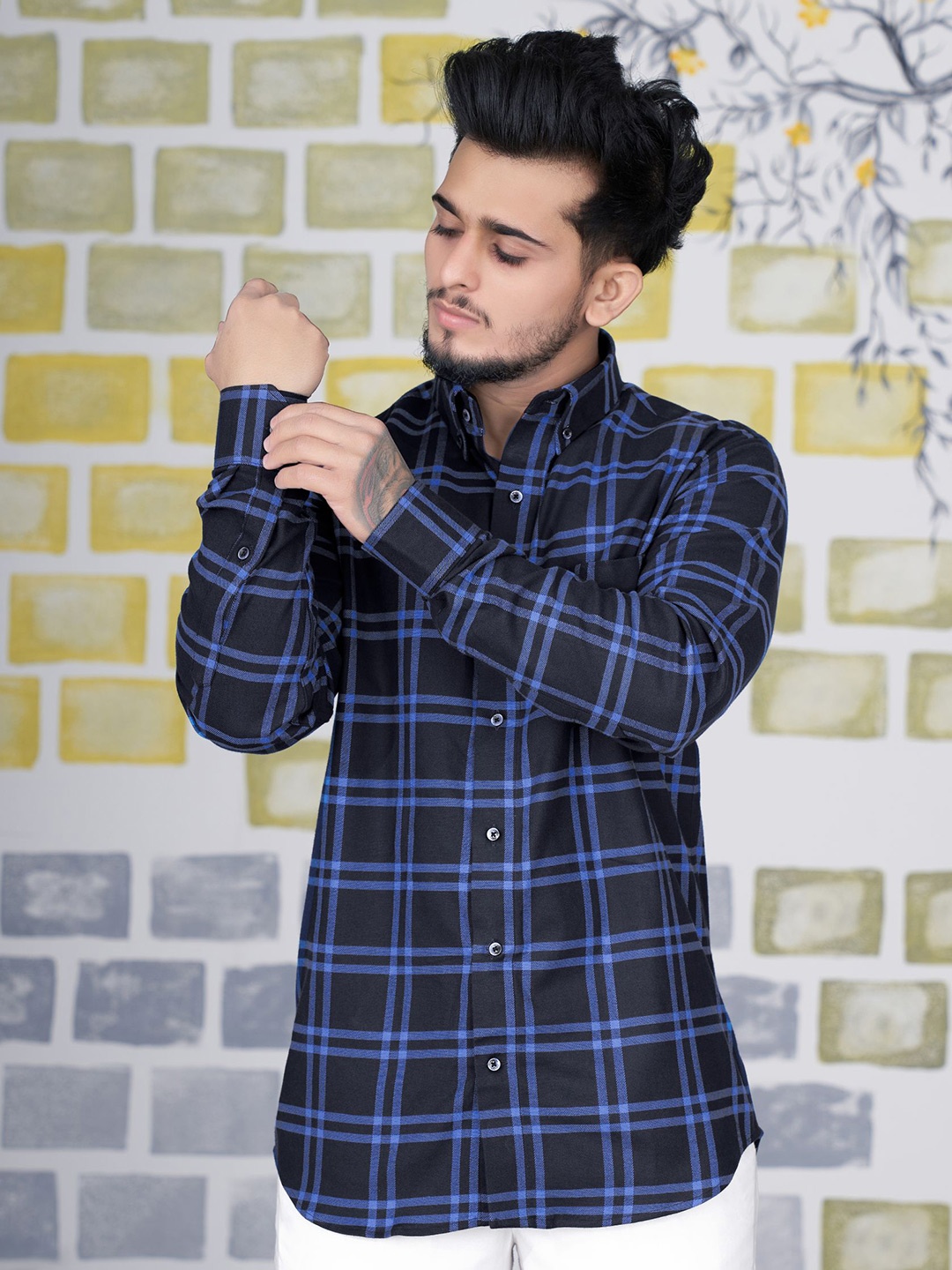 

FRENCH CROWN Men Standard Checked Cotton Casual Shirt, Blue