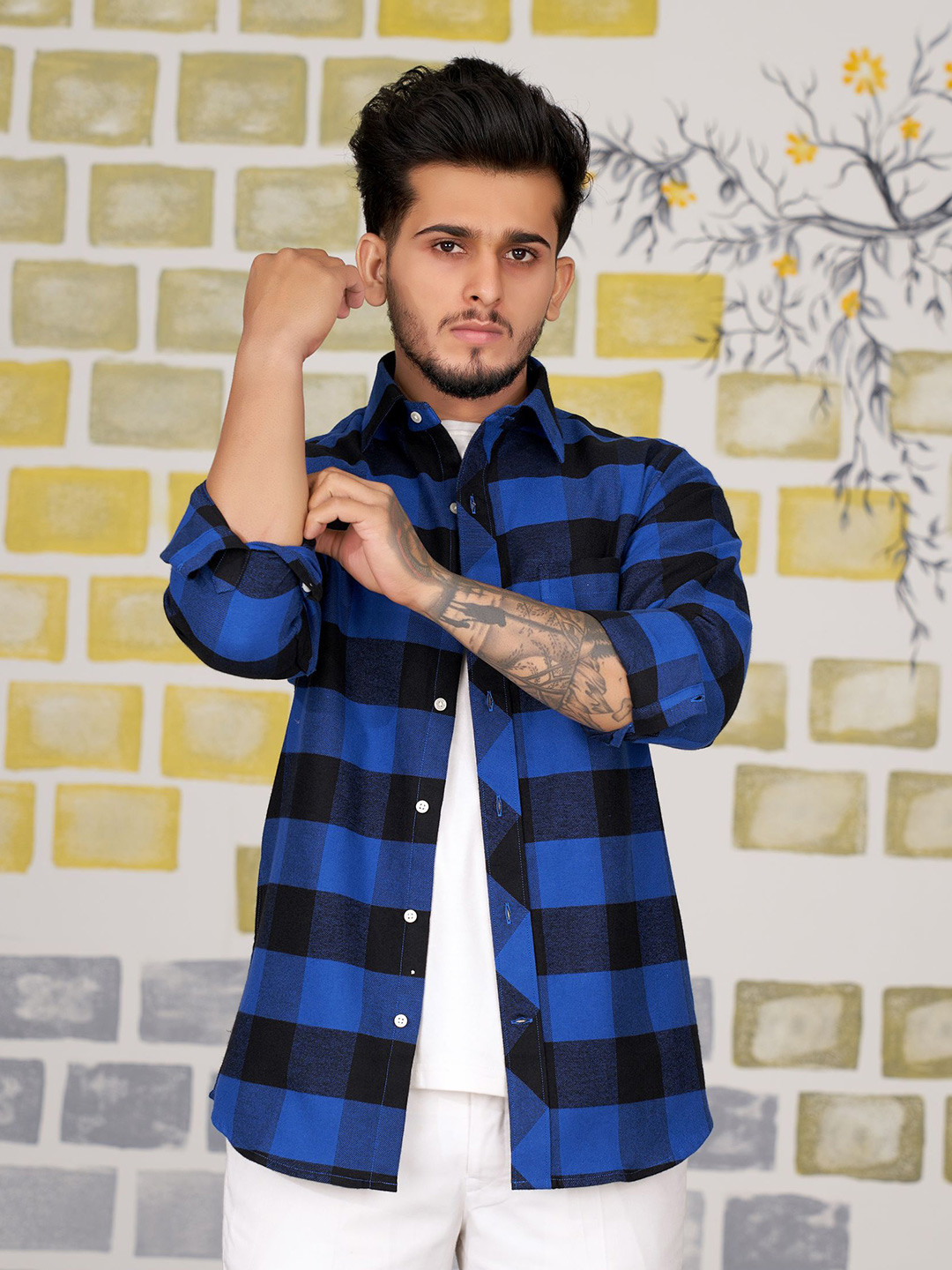 

FRENCH CROWN Standard Buffalo Checks Cotton Casual Shirt, Blue