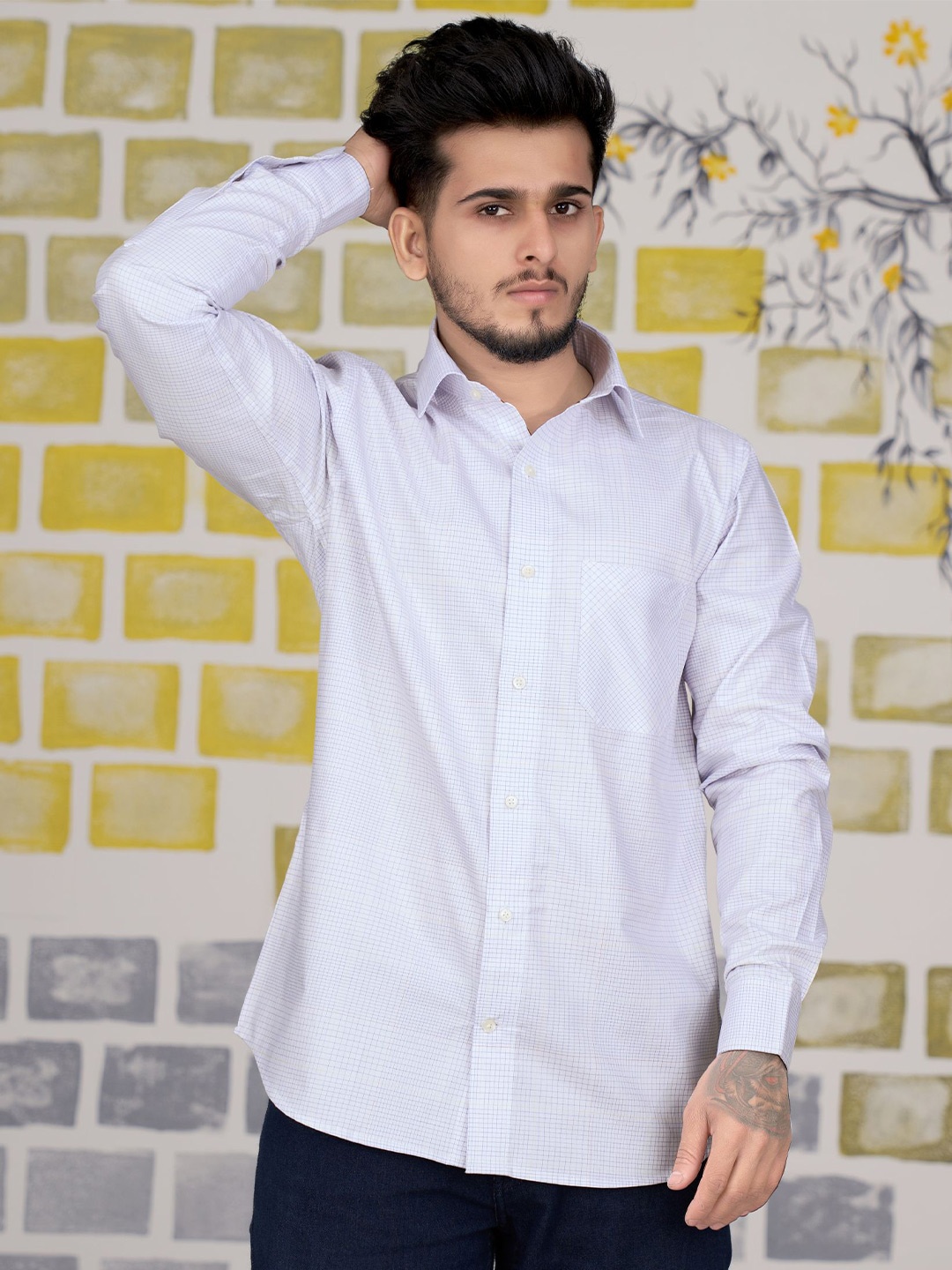 

FRENCH CROWN Standard Checked Twill Weave Casual Cotton Shirt, White