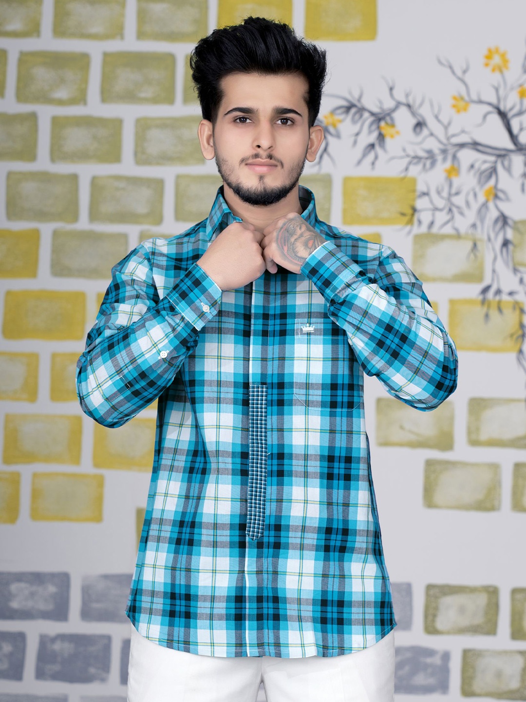 

FRENCH CROWN Standard Tartan Checks Checked Cotton Casual Shirt, Blue