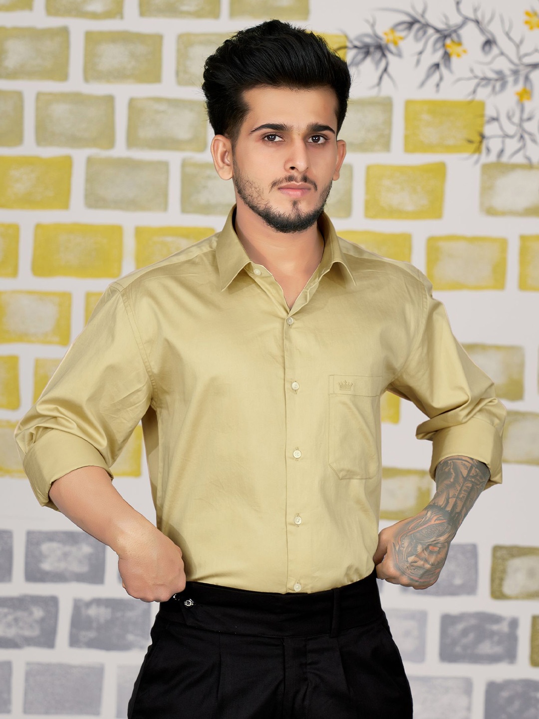 

FRENCH CROWN Spread Collar Casual Cotton Shirt, Brown