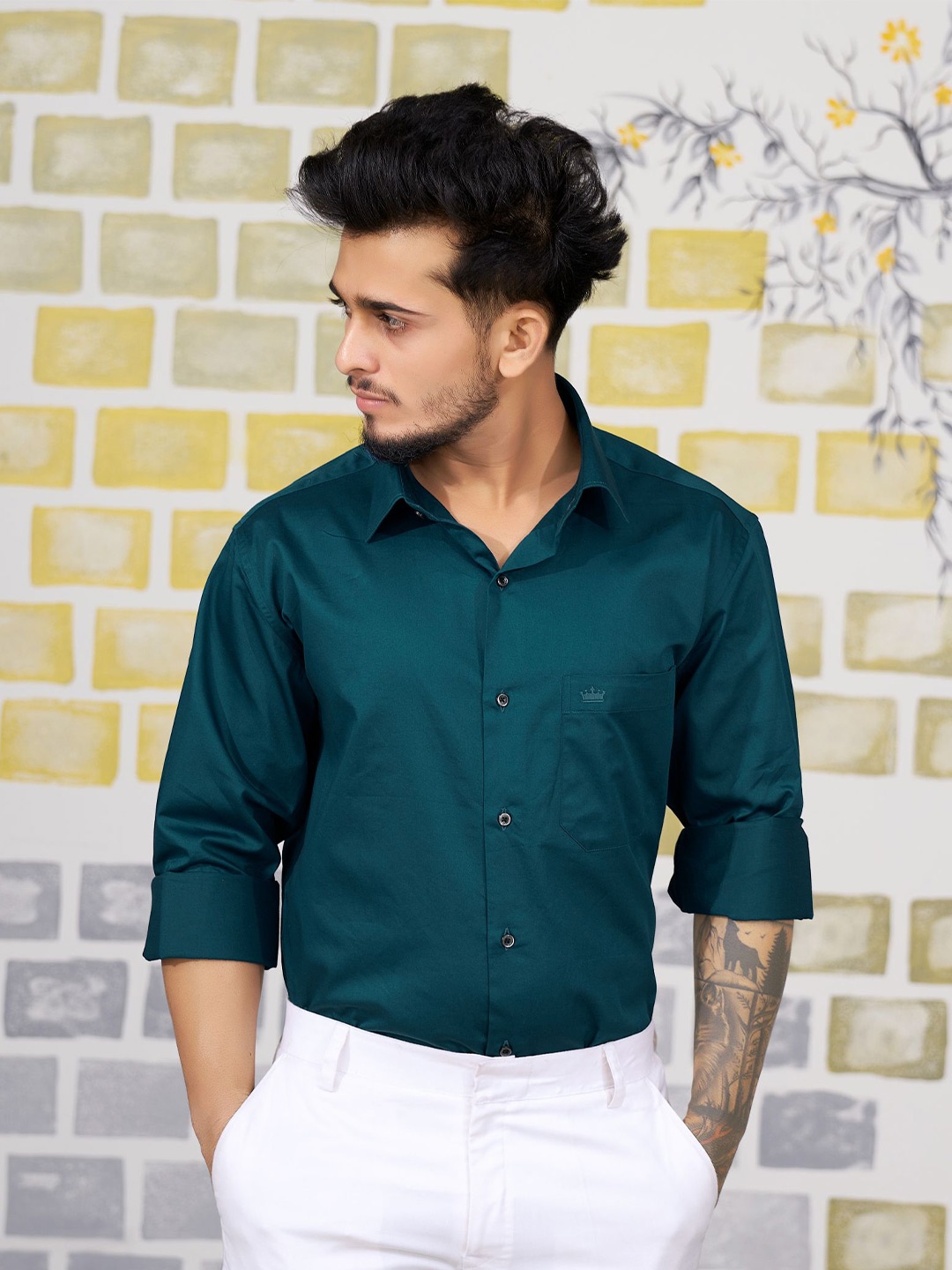 

FRENCH CROWN Standard Casual Twill Pure Cotton Shirt, Teal