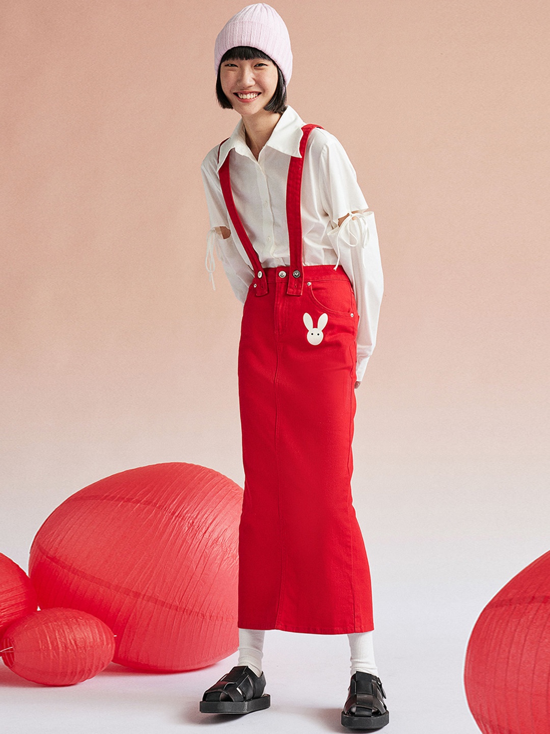 

H&M Printed Skirt With Braces, Red