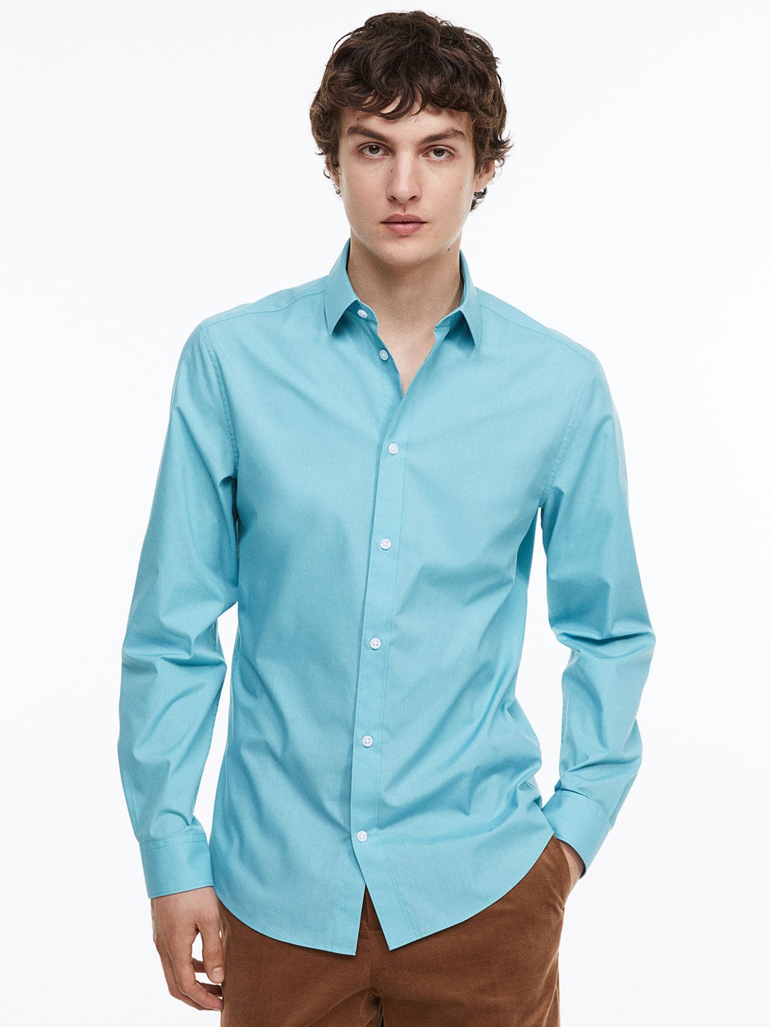 

H&M Slim Fit Easy-Iron Shirt, Turquoise blue