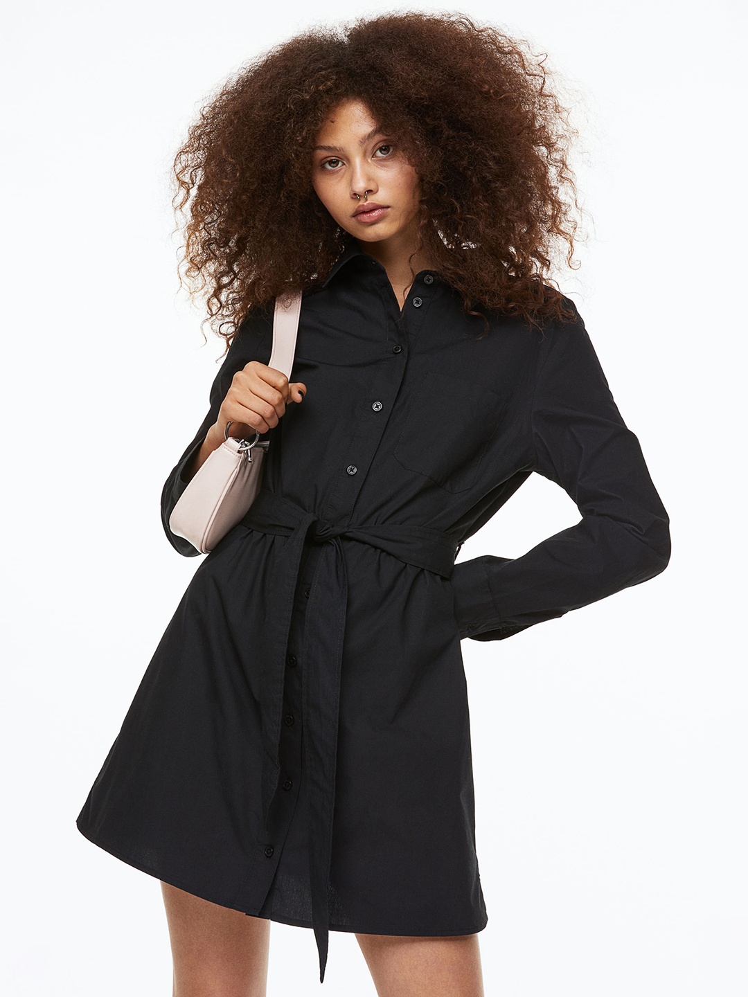 

H&M Women Tie-Belt Cotton Shirt Dress, Black