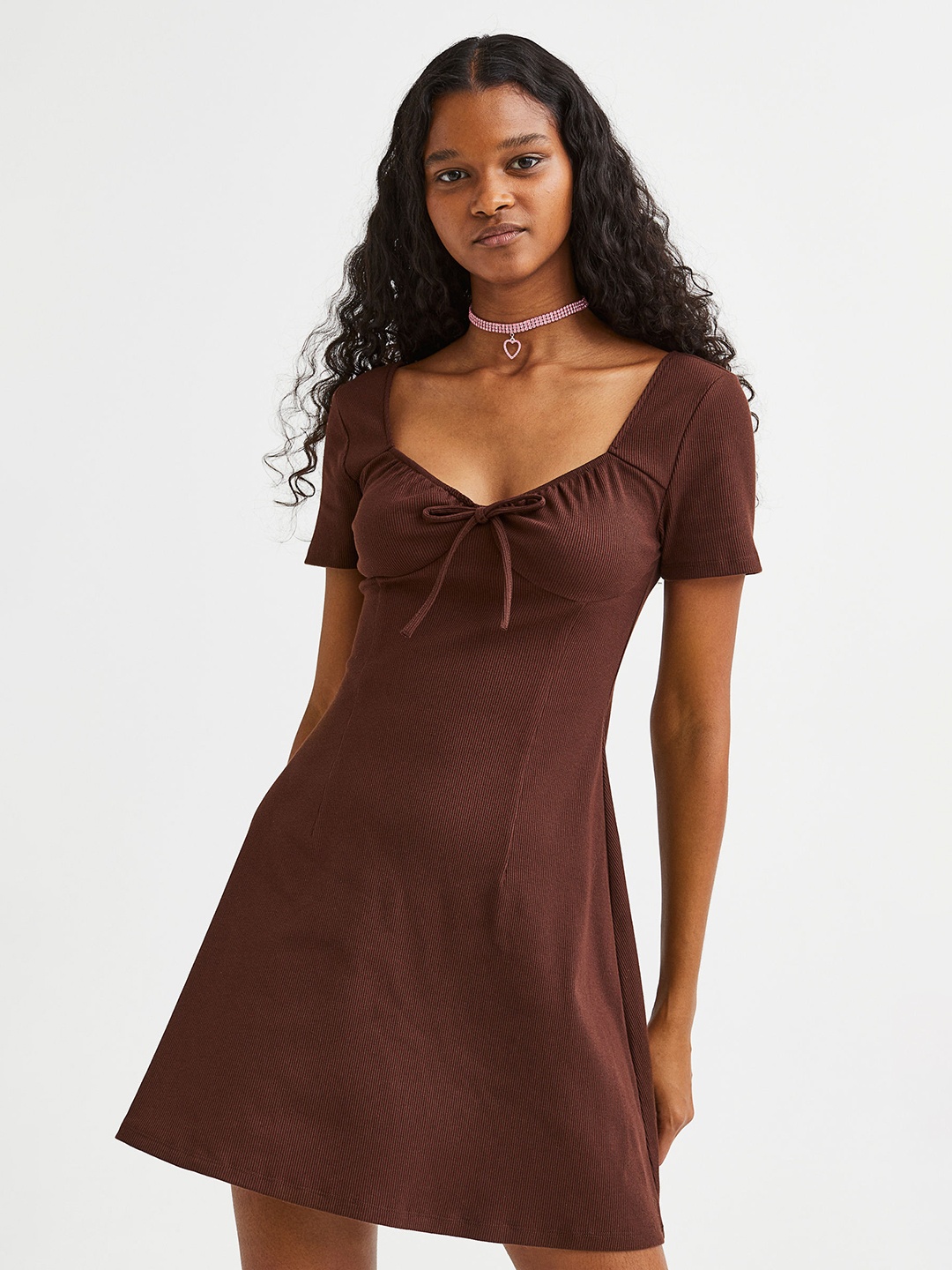 

H&M Women Tie-Detail Ribbed Dress, Brown