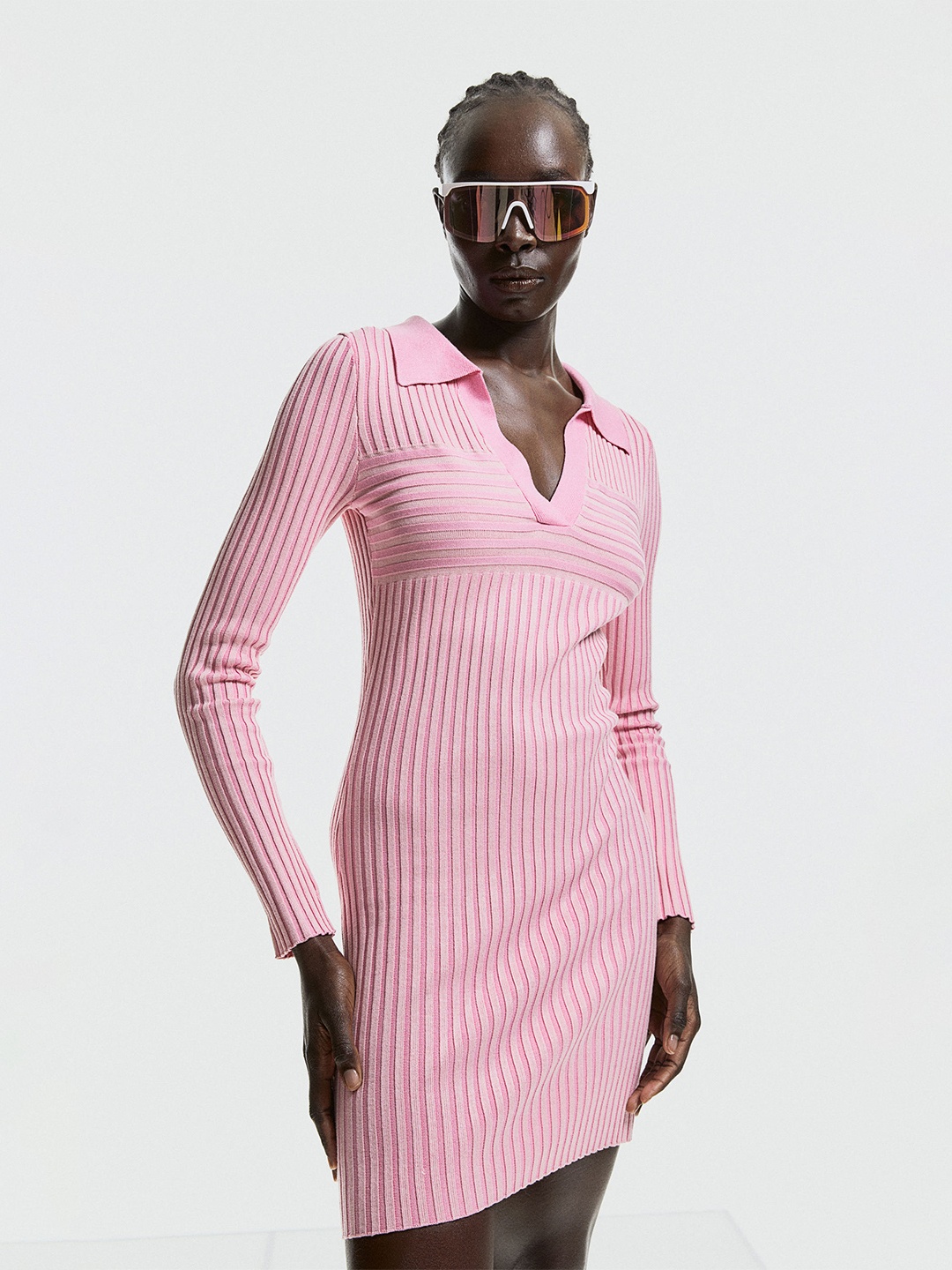 

H&M Women Collared Rib-Knit Dress, Pink