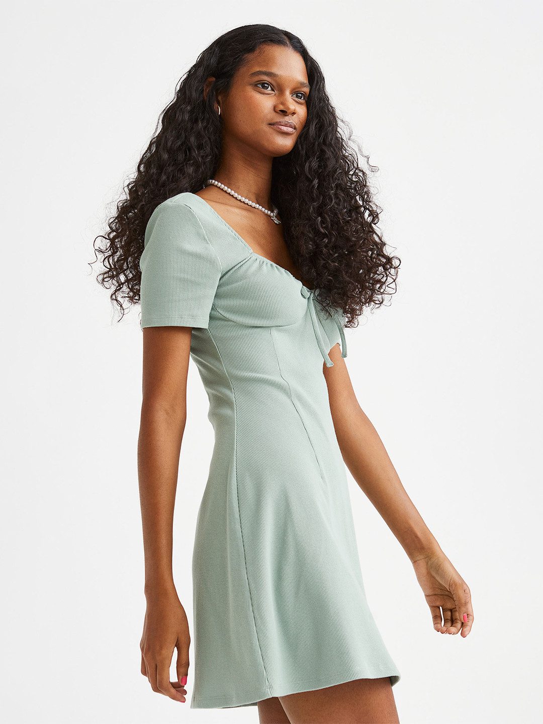 

H&M Women Tie-Detail Ribbed Dress, Sea green