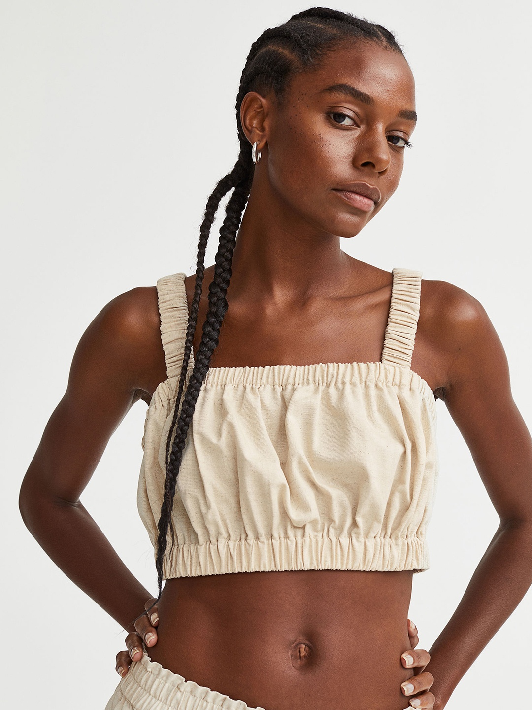 

H&M Women Linen-Blend Gathered Crop Top, Beige