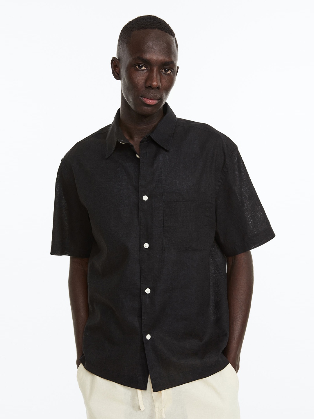 

H&M Men Relaxed Fit Linen-Blend Shirt, Black