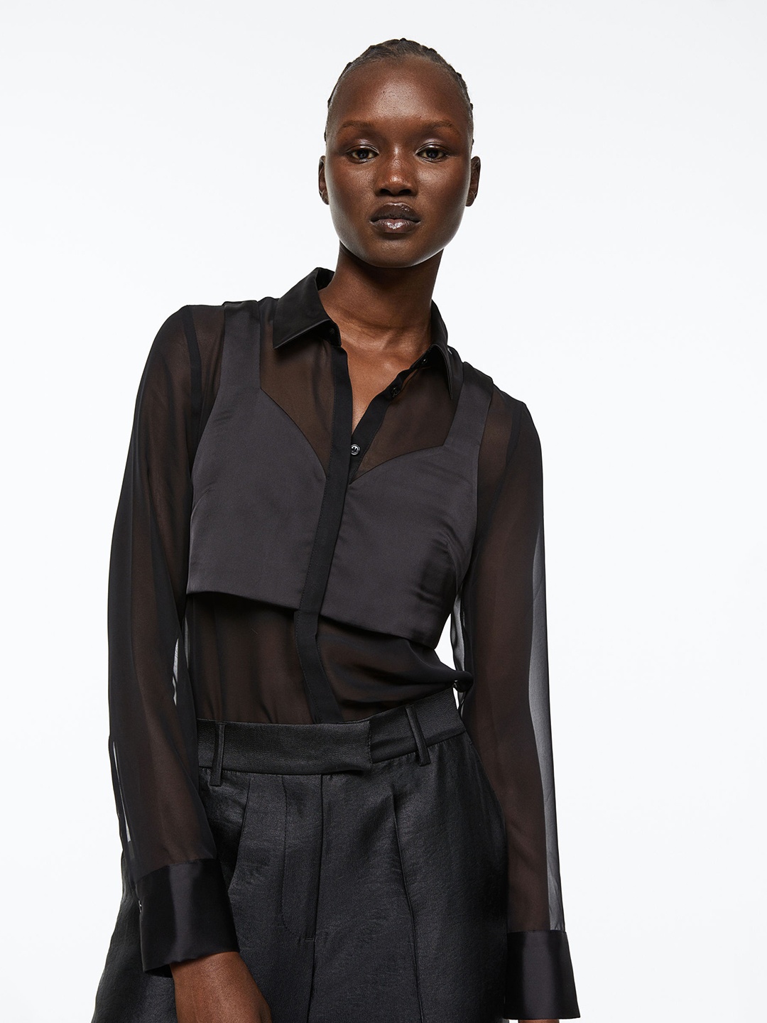 

H&M Women Double-Layered Sheer Shirt, Black