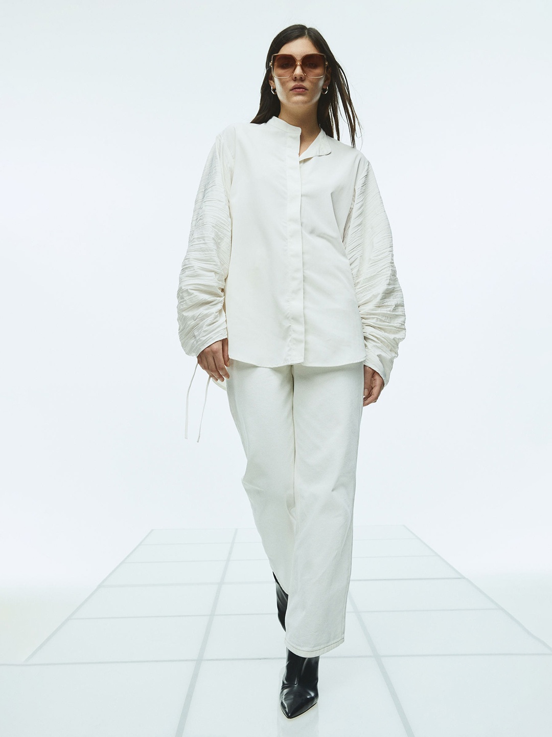 

H&M Women Oversized Gathered-Sleeve Shirt, White
