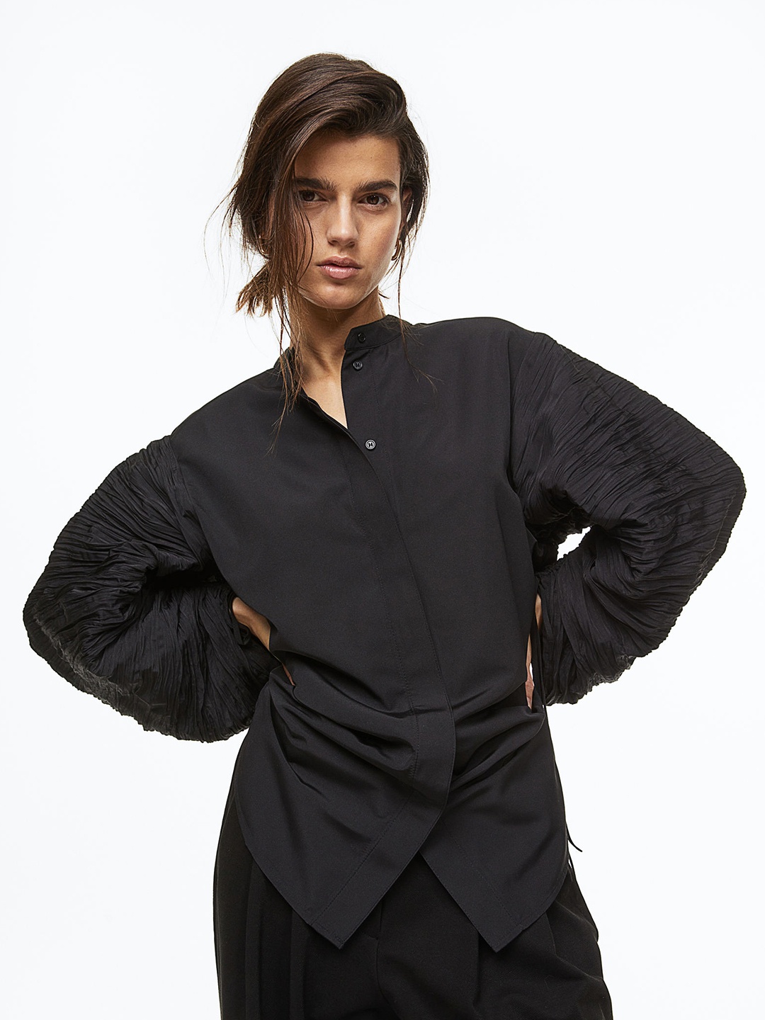 

H&M Women Oversized Gathered-Sleeve Shirt, Black