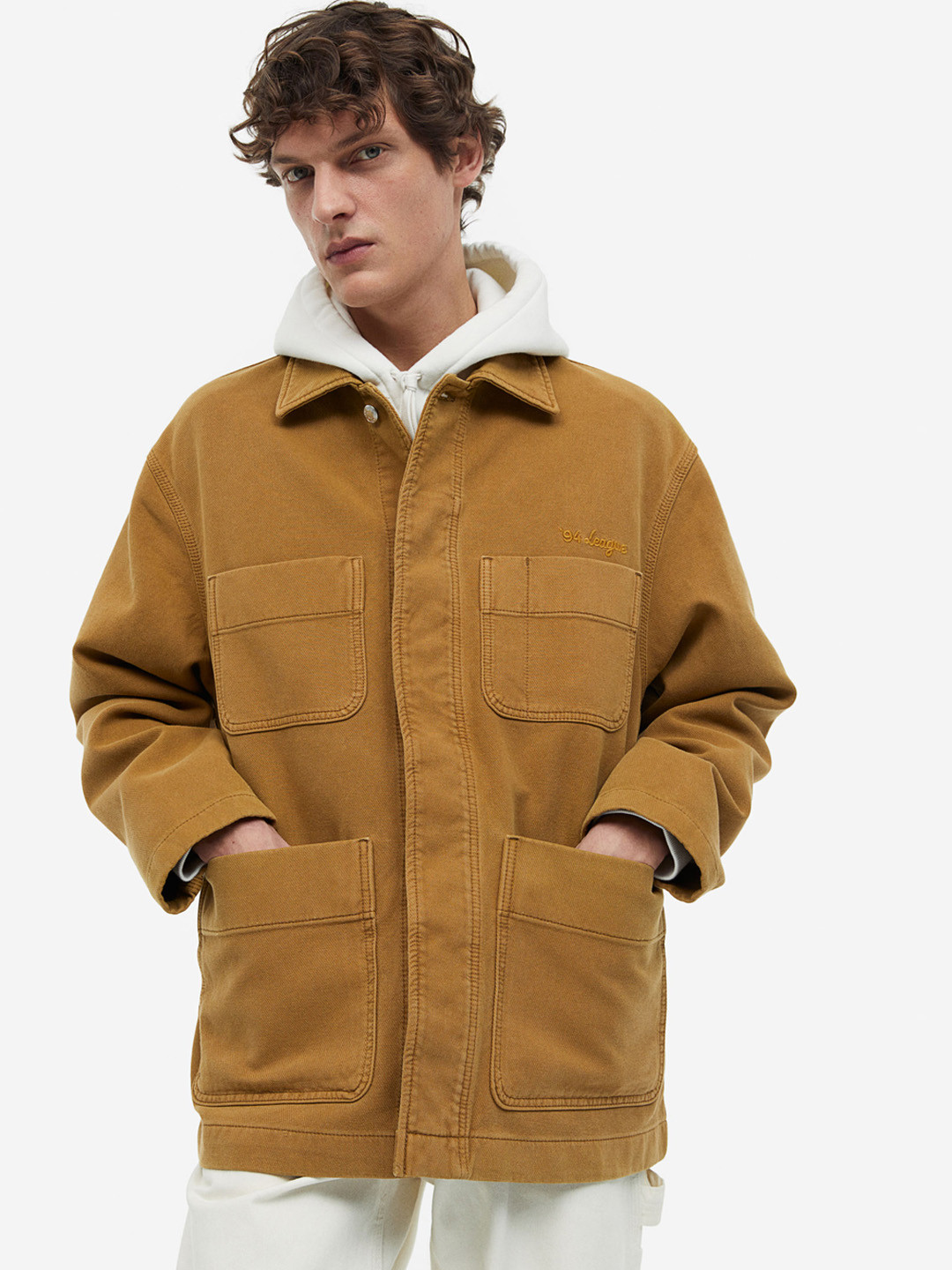 

H&M Pure Cotton Boxy Twill Jacket, Beige