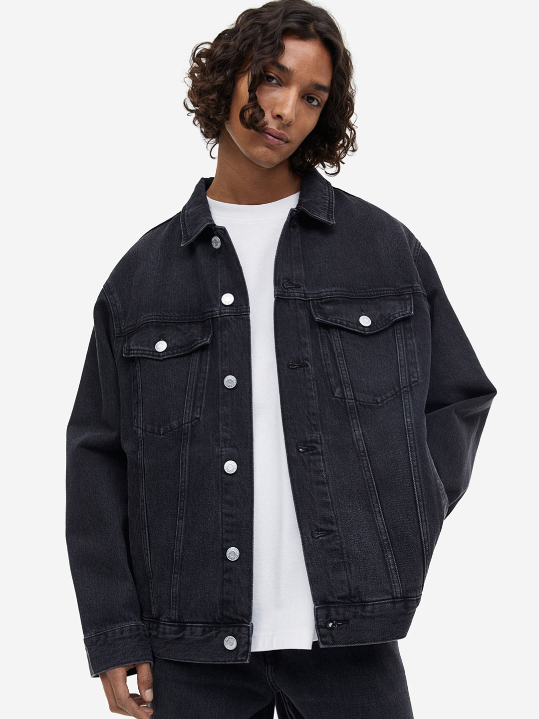 

H&M Pure Cotton Relaxed Fit Denim Jacket, Black
