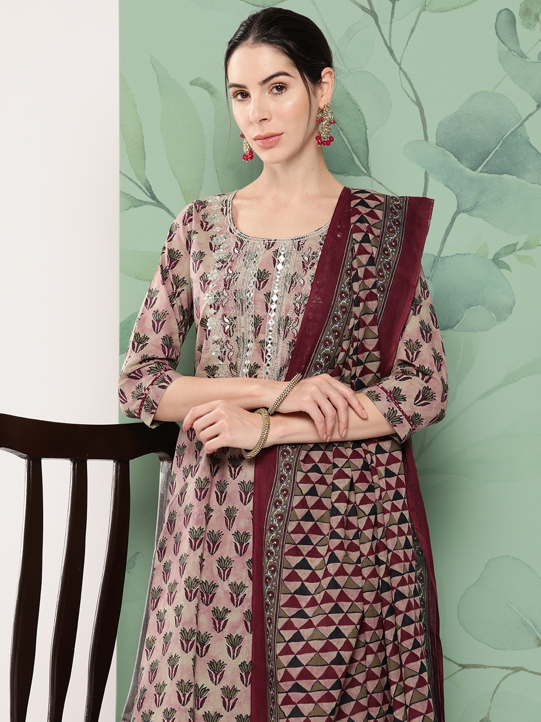 

Yufta Floral Embroidered Pure Cotton Kurta with Trousers & With Dupatta, Burgundy