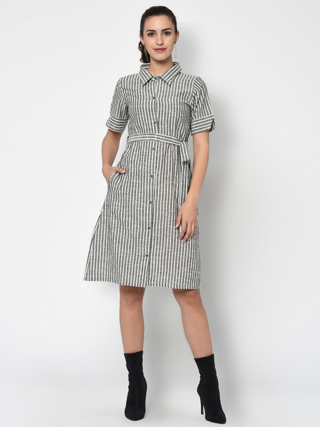 

Indi INSIDE Shirt Collar Striped Cotton Shirt Dress With Belt, Grey