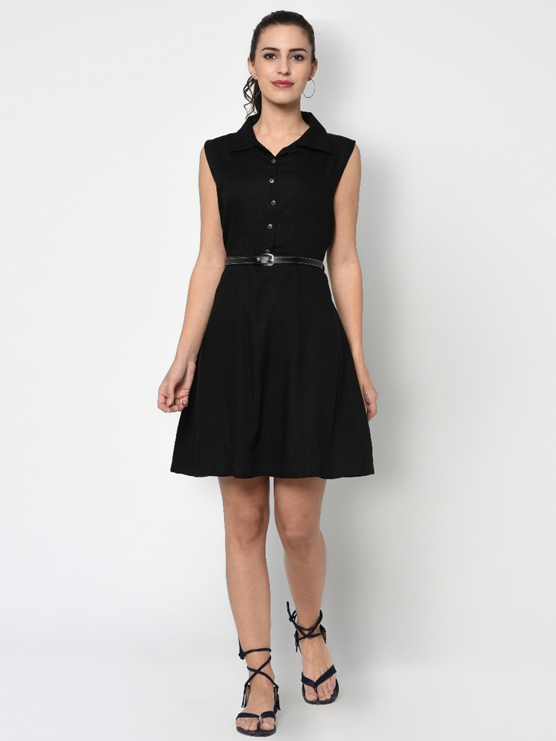 

Indi INSIDE Shirt Collar A-Line Dress With Belt, Black