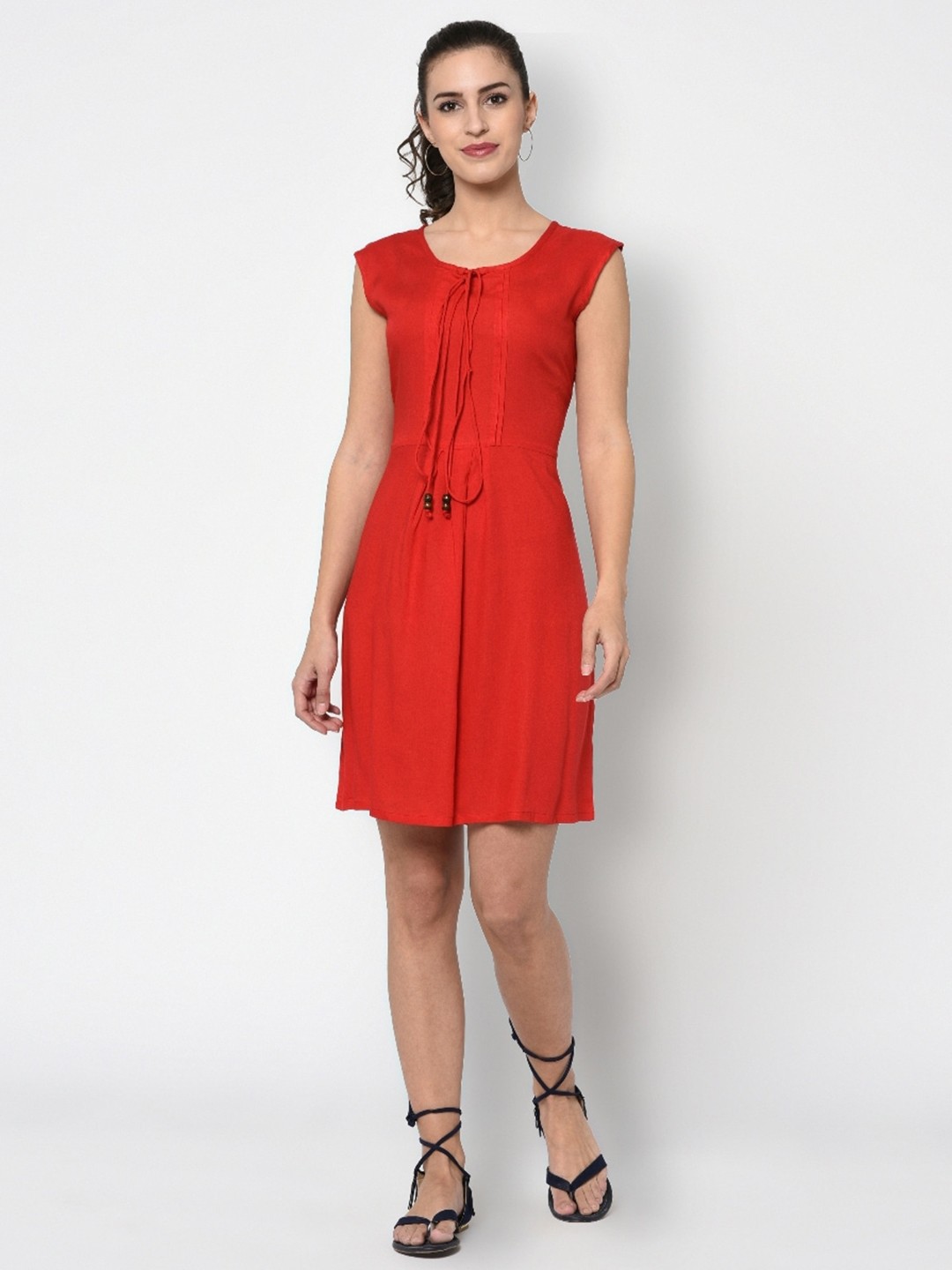 

Indi INSIDE Extended Sleeves Tie-Up Neck A-Line Dress, Red