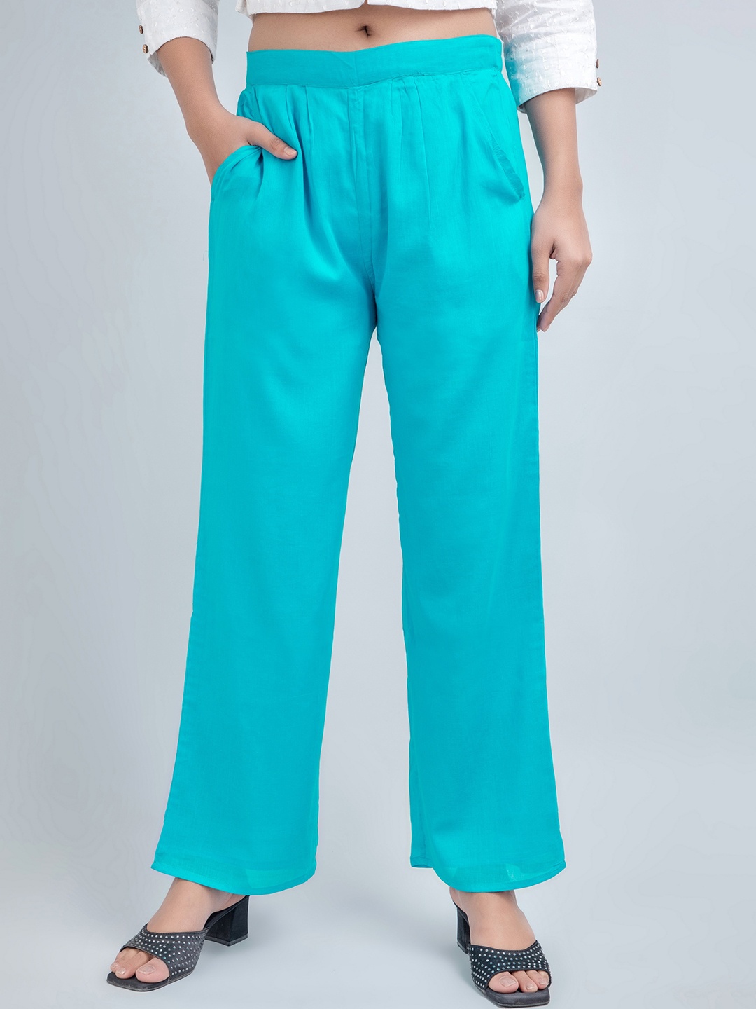 

fabGLOBAL Women Mid-Rise Loose Fit Easy Wash Pleated Cotton Parallel Trousers, Turquoise blue