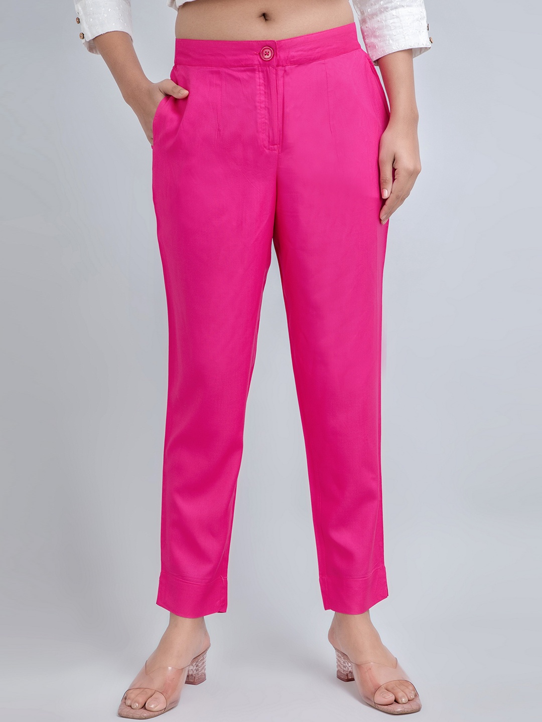 

fabGLOBAL Women Mid Rise Cropped Easy Wash Machine Weave Cigarette Trousers, Pink