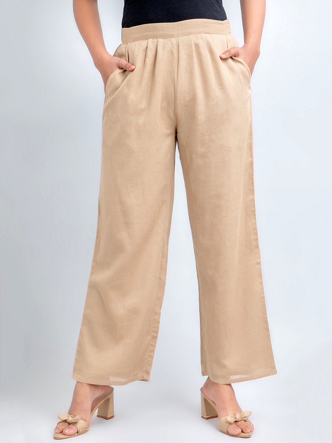 

fabGLOBAL Women Straight Fit Easy Wash Cotton Trousers, Beige