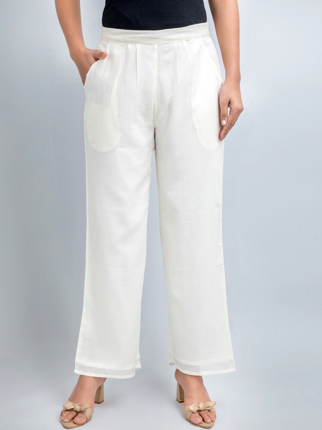 

fabGLOBAL Women Straight Fit Easy Wash Cotton Trousers, Cream