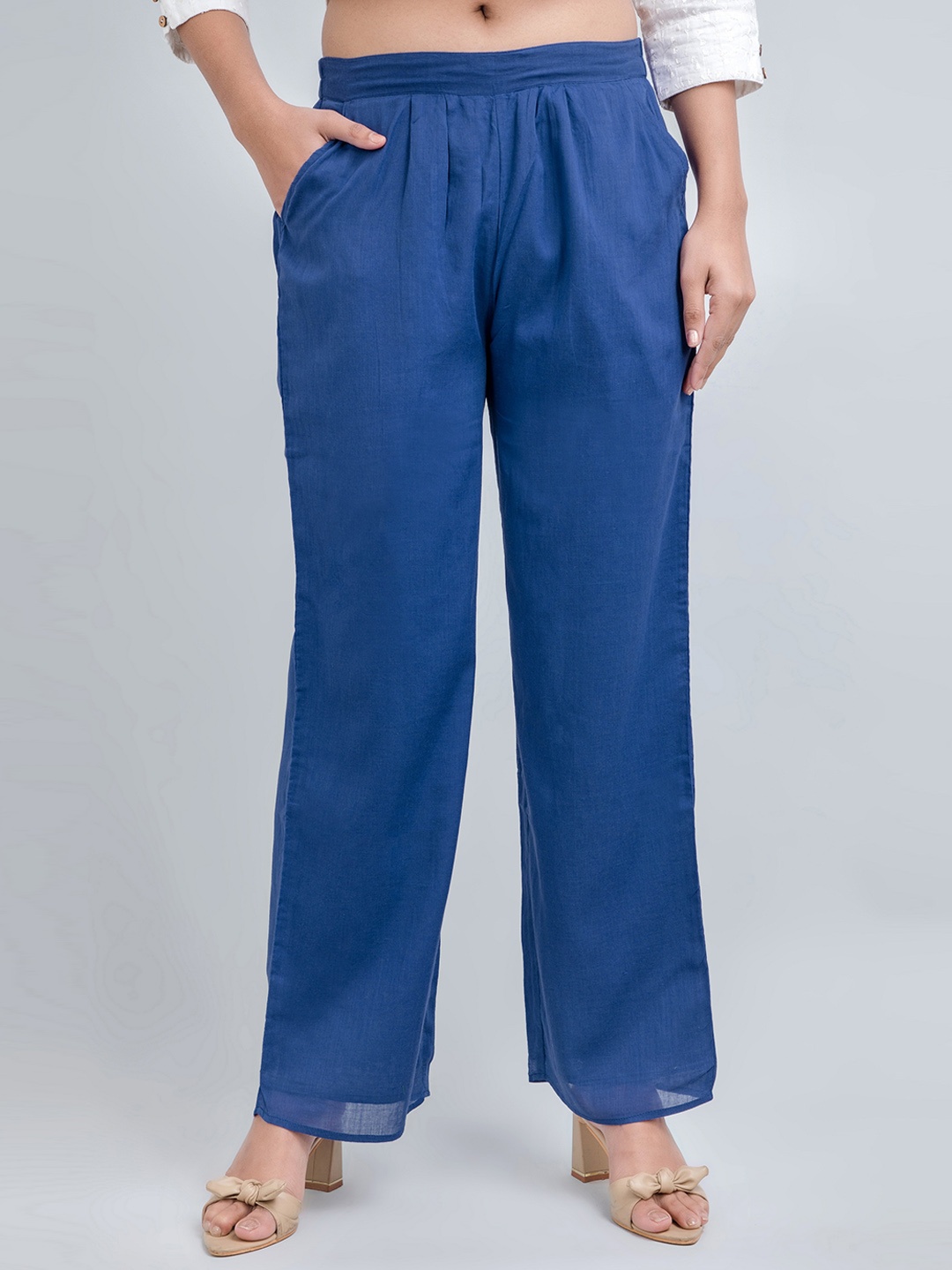 

fabGLOBAL Women Mid Rise Easy Wash Pleated Cotton Parallel Trousers, Blue