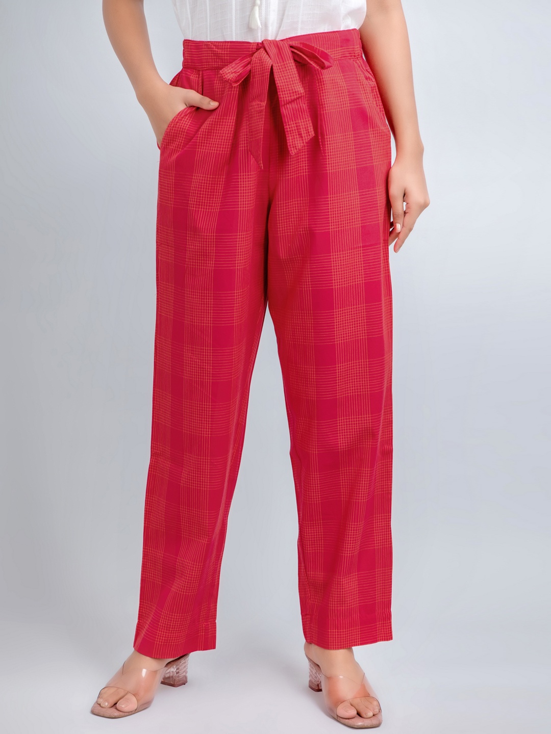 

fabGLOBAL Women Checked Cotton Regular Fit Easy Wash Trousers, Red