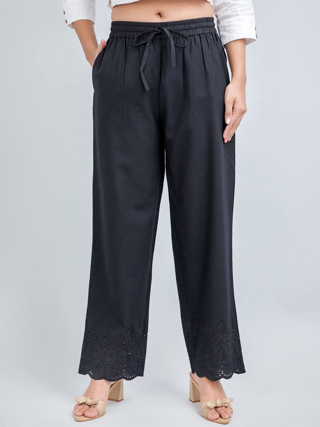 

fabGLOBAL Women Straight Fit Easy Wash Cotton Trousers, Black