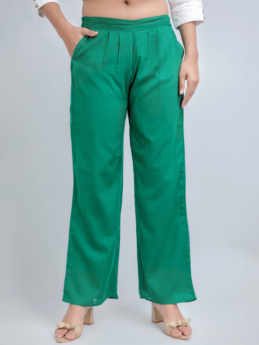 

fabGLOBAL Women Mid Rise Easy Wash Cotton Parallel Trousers, Green