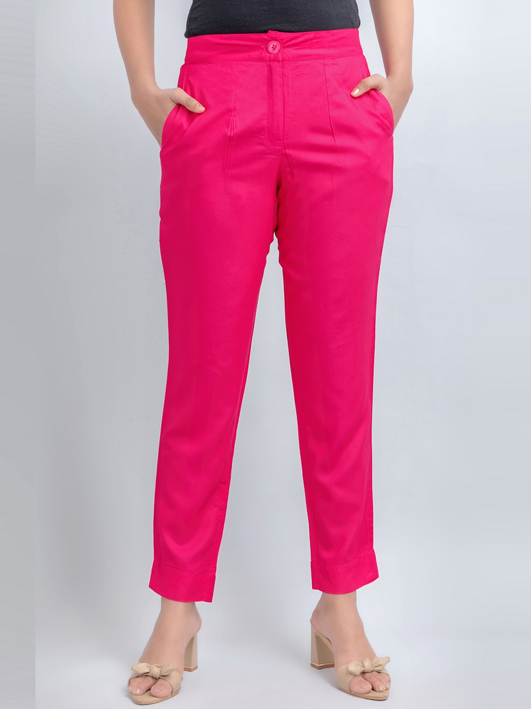 

fabGLOBAL Women Mid Rise Cropped Easy Wash Machine Weave Trousers, Pink