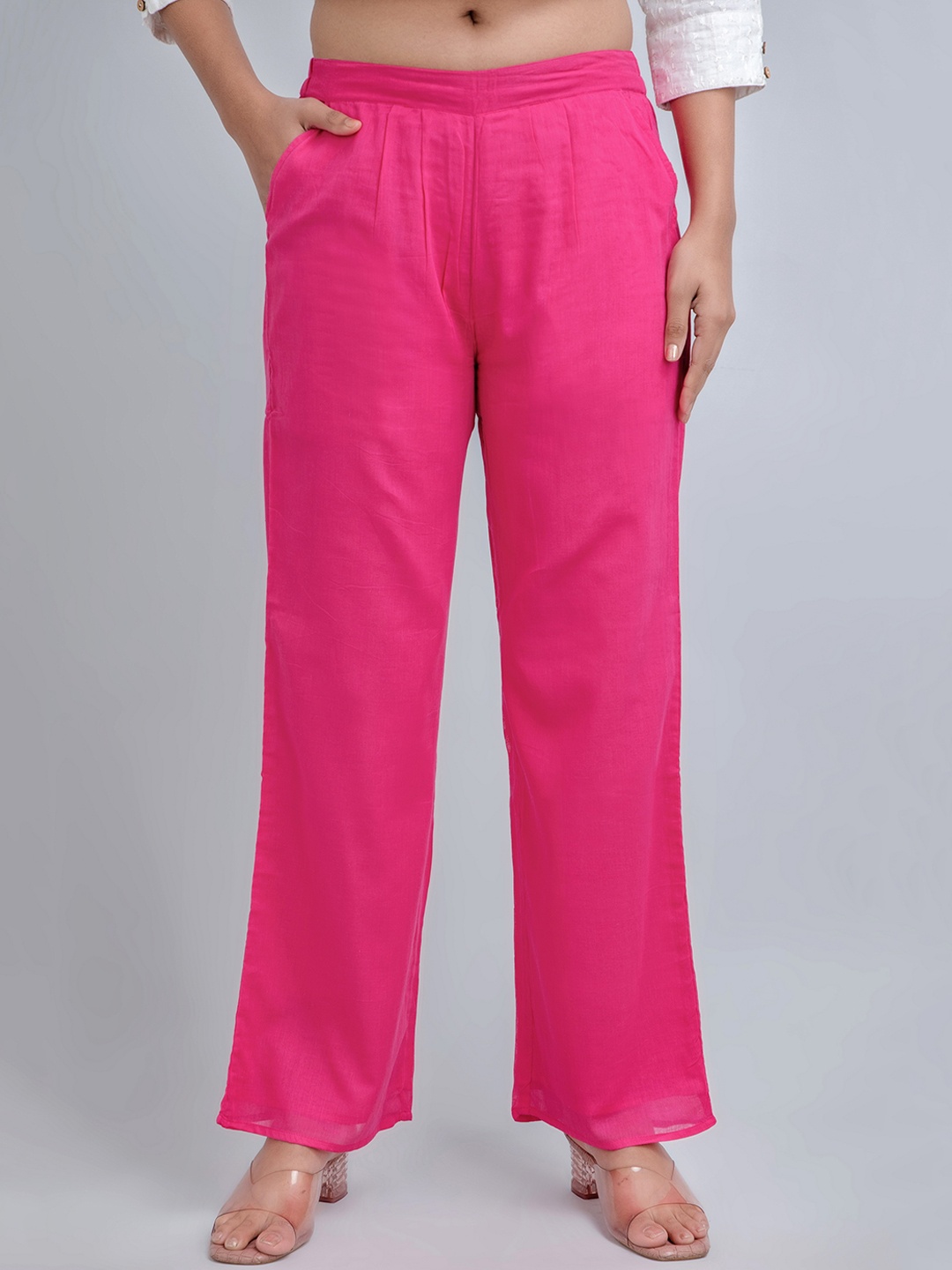 

fabGLOBAL Women Mid Rise Easy Wash Pleated Cotton Parallel Trousers, Pink