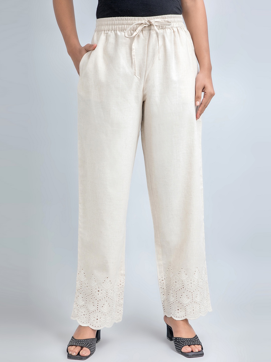 

fabGLOBAL Women Self Design Mid Rise Cotton Easy Wash Parallel Trousers, Cream