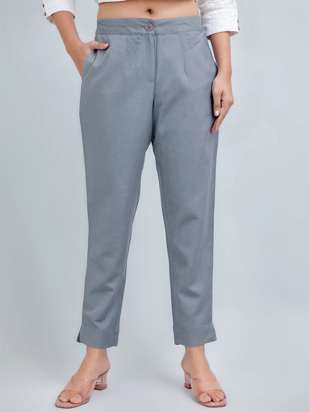 

fabGLOBAL Women Mid-Rise Regular Fit Easy Wash Trousers, Grey