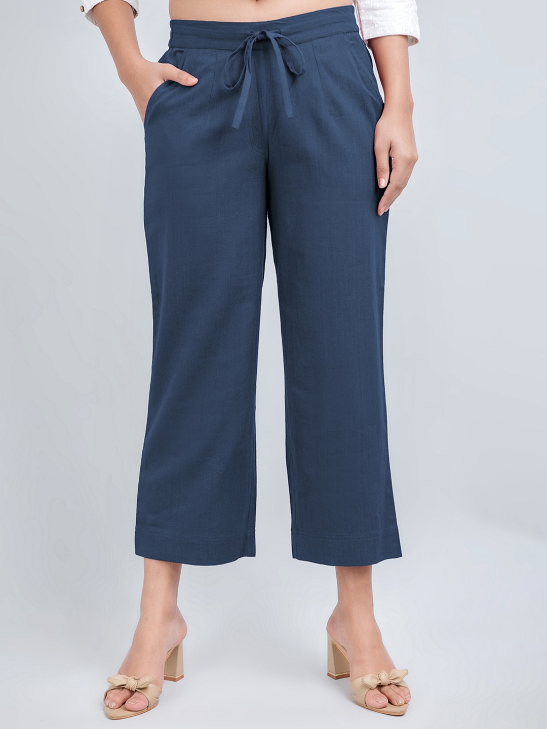 

fabGLOBAL Women Mid Rise Cotton Cropped Easy Wash Culottes Trousers, Navy blue