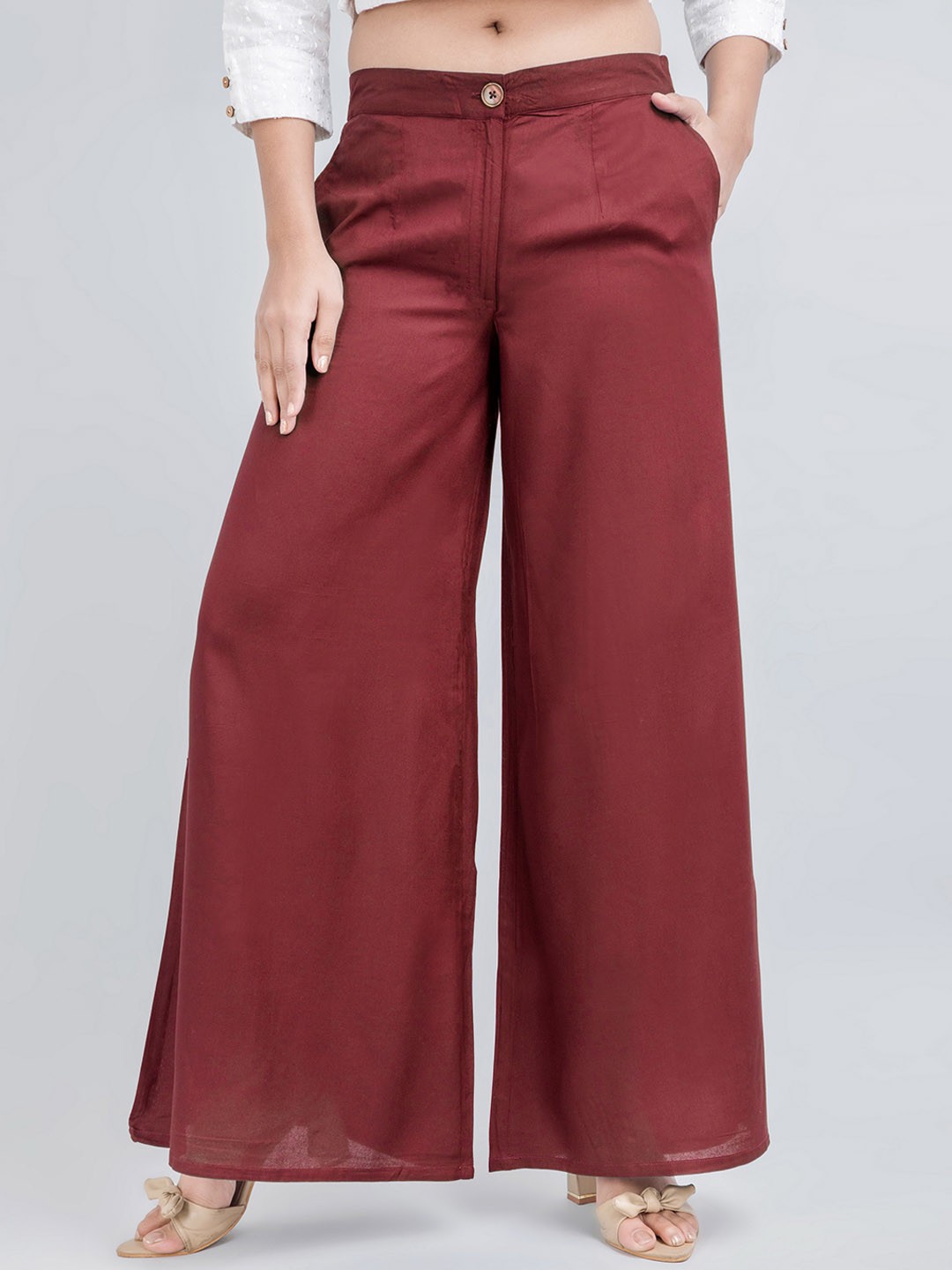

fabGLOBAL Women Mid-Rise Easy Wash Loose Fit Trousers, Maroon