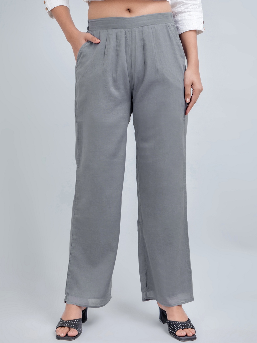 

fabGLOBAL Women Cotton Loose Fit Easy Wash Parallel Trousers, Grey