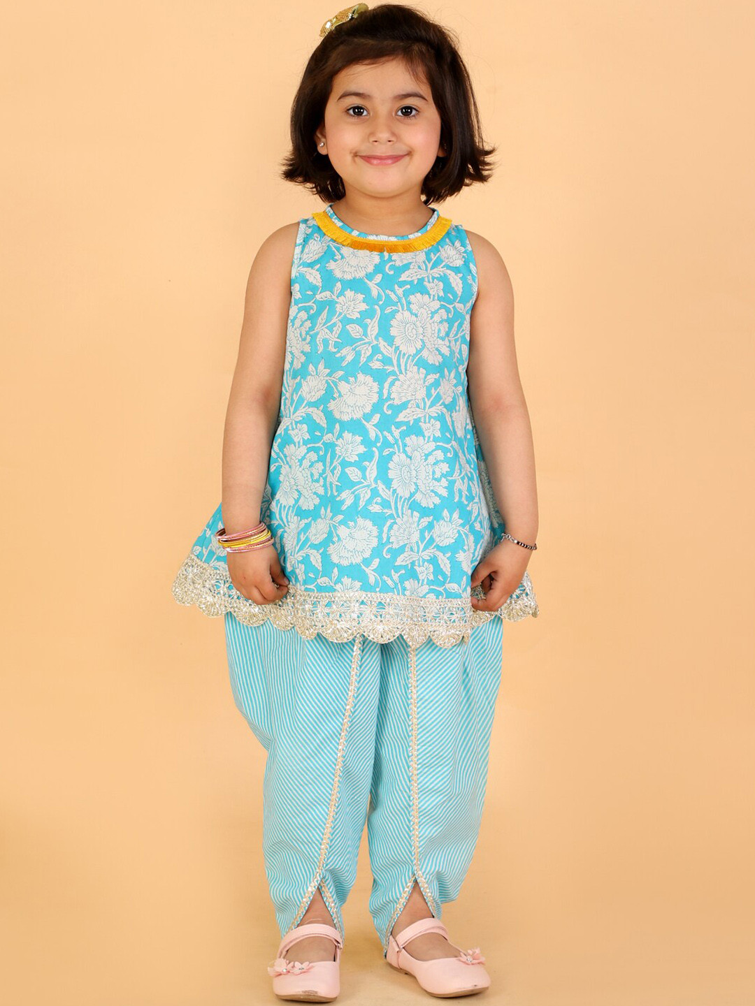 

LIL DRAMA Girls Floral Printed Pure Cotton Kurti with Dhoti Pants, Blue