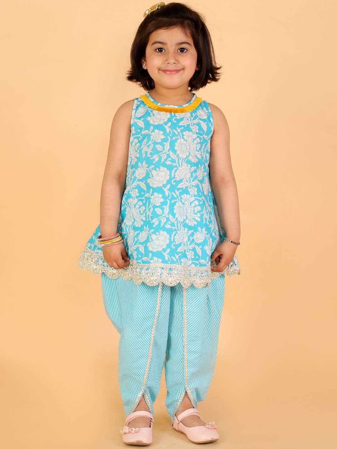

LIL DRAMA Girls Floral Printed Pure Cotton Kurta with Dhoti Pants, Blue