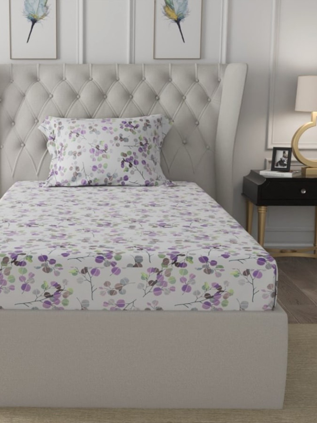 

URBAN SPACE Serene Purple & White 200 TC Flat Pure Cotton Single Bedsheet & 1 Pillow Cover