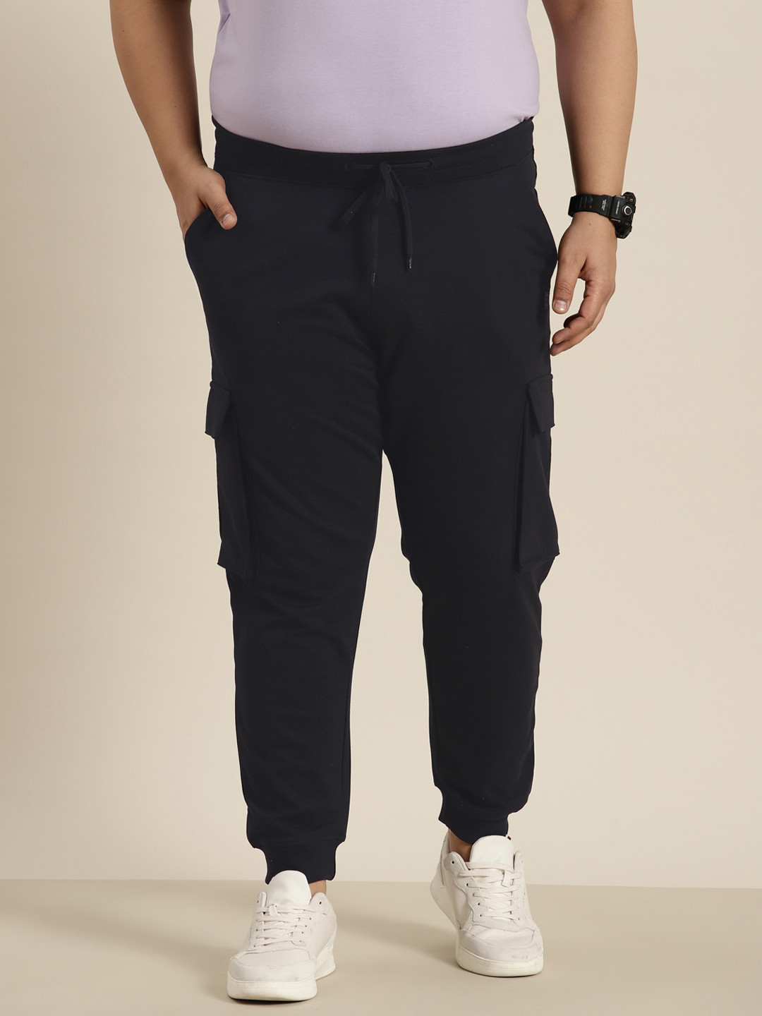 

Sztori Men Plus Size Pure Cotton Soft Functional Cargo Joggers, Black