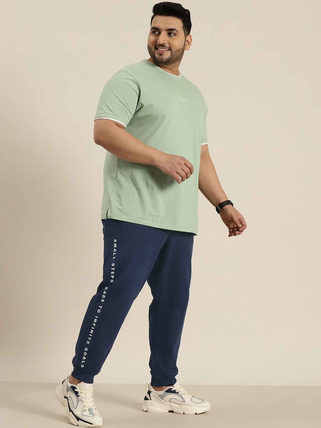 

Sztori Men Plus Size Pure Cotton Solid Joggers With Printed Detail, Navy blue