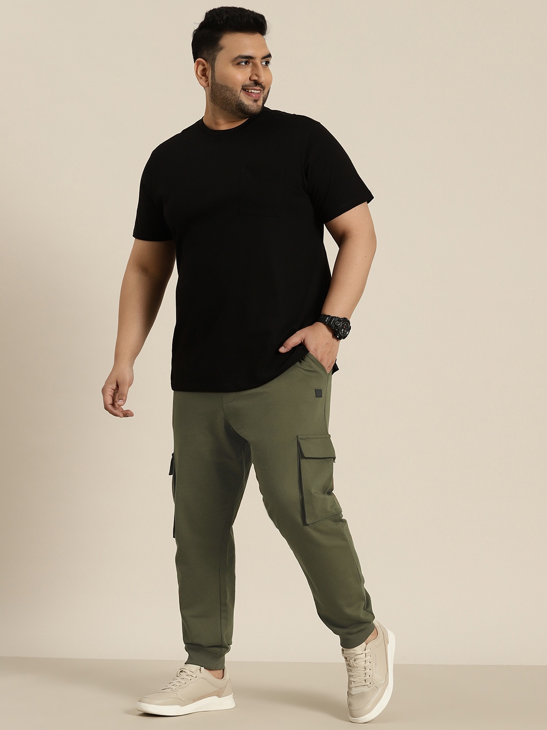 

Sztori Men Plus Size Pure Cotton Solid Cargo Joggers, Olive