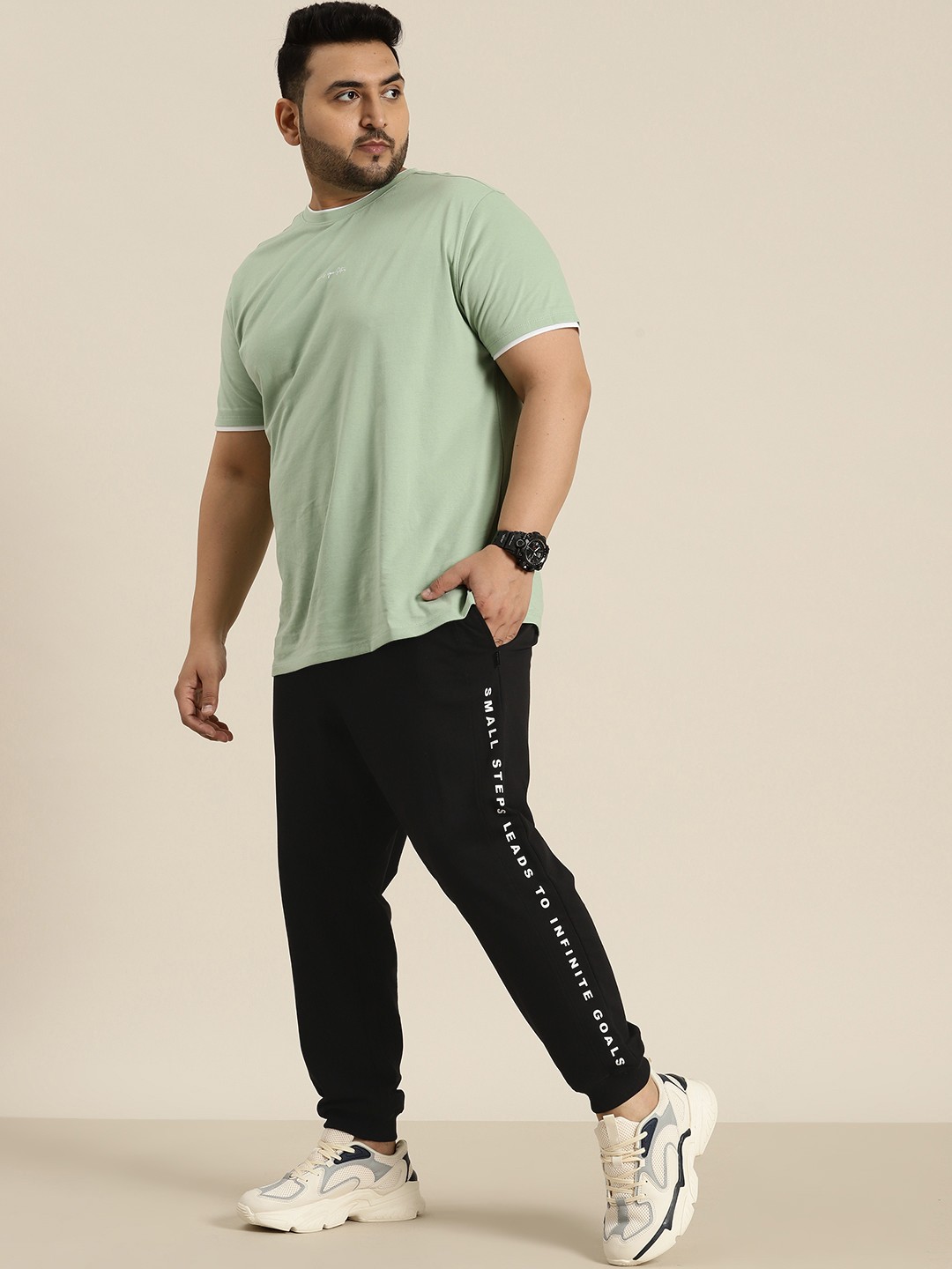 

Sztori Men Plus Size Pure Cotton Solid Joggers With Printed Detail, Black